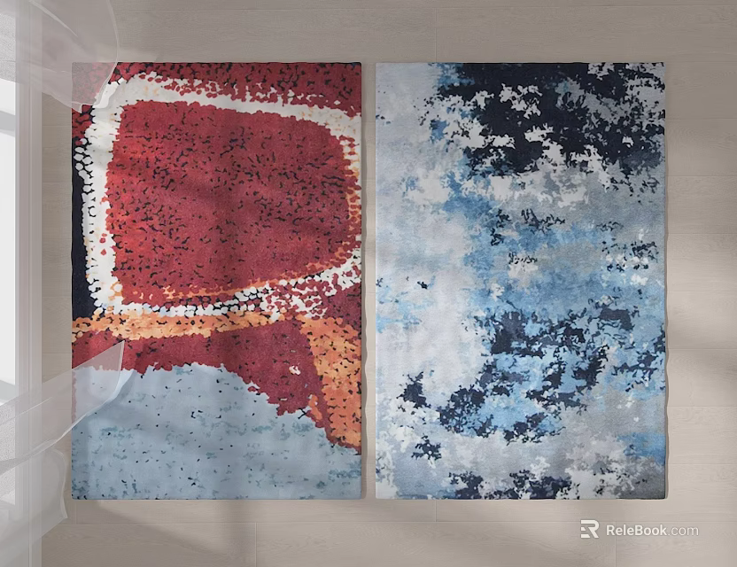 Modern Abstract Paintings With Red Blue Textured Patterns Hanging On Wall 3d model