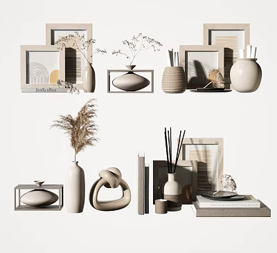 Minimalist Modern Decorative Ornament Combinations With Vases Photo Frames Scented Sticks And Dried Plants 3d model
