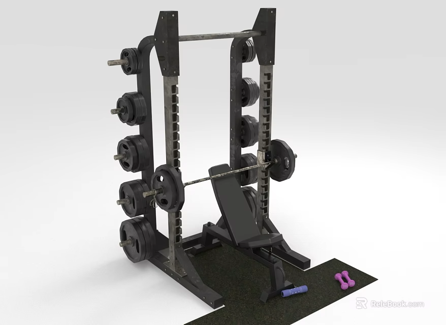 Multi functional Home Fitness Equipment with Squat Rack Bench Press Barbell and Weight Plates 3d model 