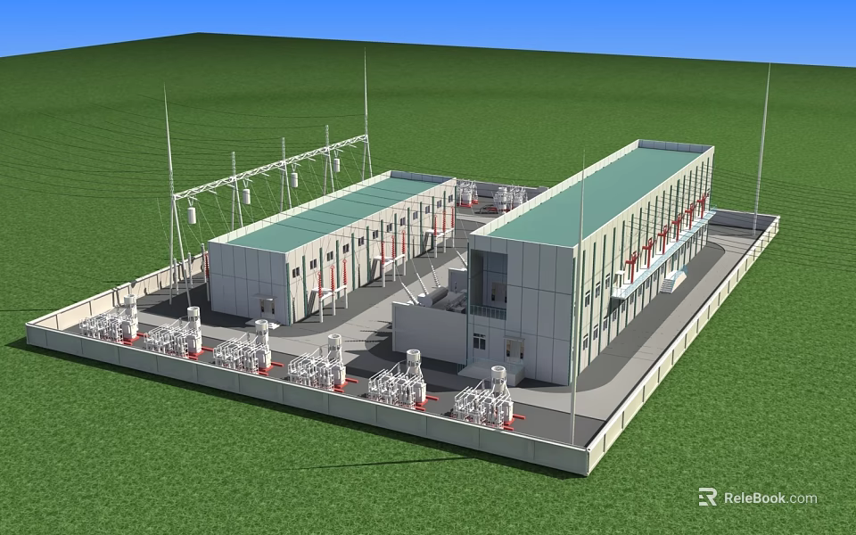 Modern Industrial Plant in Green Grassy Environment with External Electrical Equipment and Multiple Structures 3d model 
