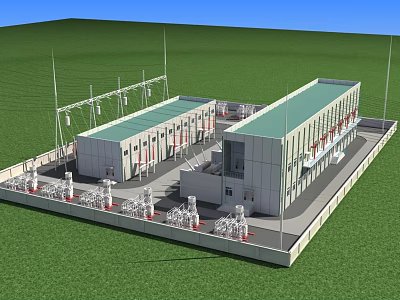 Modern Industrial Plant in Green Grassy Environment with External Electrical Equipment and Multiple Structures 3d model