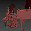 Woman Playing Piano In Elegant Floral Long Dress With Black PALMGREN Piano