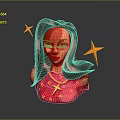 3D Female Character With Black Pink Hair Red Face Paint Red Outfit And Yellow Stars