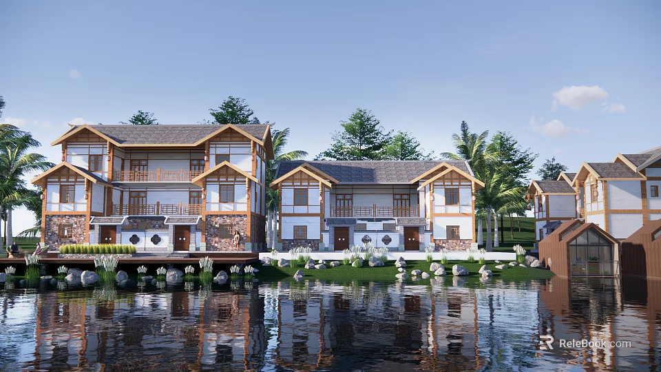Traditional Rural Self-built Houses With Wooden Accents By Water And Greenery Reflection 3d model 