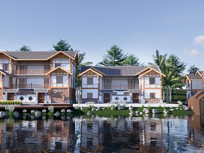 Traditional Rural Self-built Houses With Wooden Accents By Water And Greenery Reflection 3d model