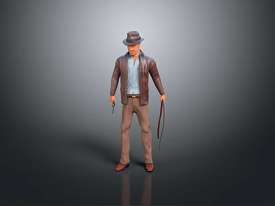 Adventurous Male Character Wearing Leather Jacket Hat Holding Whip And Gun 3d model