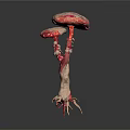 Colorful Cartoon Scene Featuring Fantasy Pink White Mushrooms With Spotted Caps And Root Like Stems