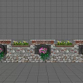 Stone Feature Wall With Gray Tiled Background Circular Planters And Green Plants 3d model