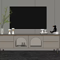 Modern Minimalist TV Stand With Flat Screen TV Drawers Arched Cabinets And Decorative Items
