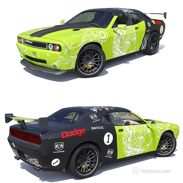 Dodge Green And Black Sports Car With White Floral Patterns And Racing Spoiler 3d model 