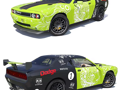 Dodge Green And Black Sports Car With White Floral Patterns And Racing Spoiler 3d model