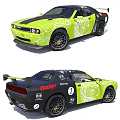 Dodge Green And Black Sports Car With White Floral Patterns And Racing Spoiler