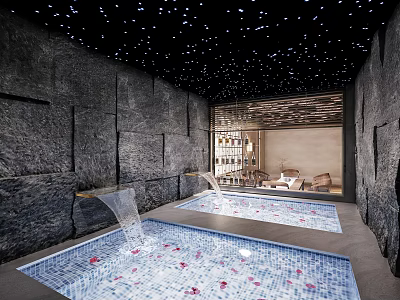 Luxury SPA Sauna Experience With Relaxing Pool Stone Walls Starry Ceiling And Rose Petals 3d model