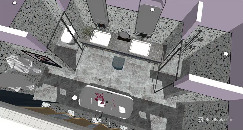 Hotel Room Bathroom Interior Modern Design With Double Sinks Marble Countertop And Bathtub 3d model 