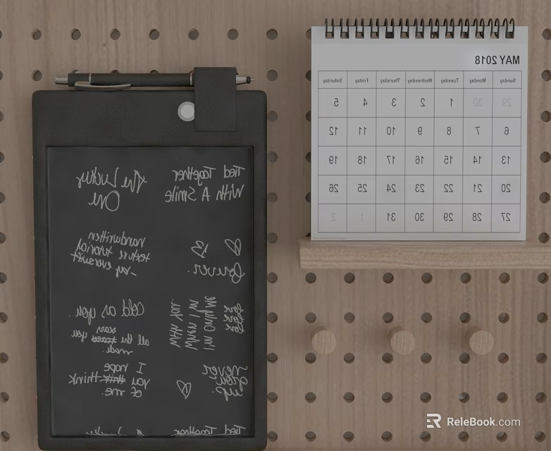 Stylish Swing Door With Black Clipboard Handwritten Notes And Calendar On Dot Patterned Wooden Board 3d model 