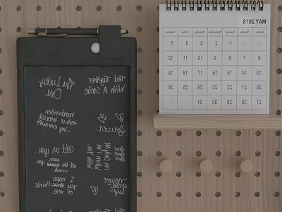 Stylish Swing Door With Black Clipboard Handwritten Notes And Calendar On Dot Patterned Wooden Board 3d model
