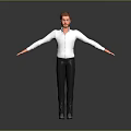 Man With Arms Outstretched Wearing White Shirt Black Pants Gray Shoes Against Gray Background