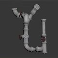 Industrial Metal Pipes With Red Valves And Elbow Connections On Dark Surface