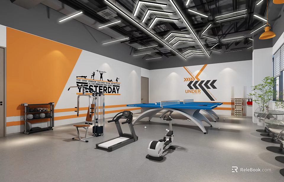 Modern Fitness Gym With Orange White Walls YESTERDAY UNLEASH Murals Treadmill Exercise Bike Ping Pong Table 3d model 