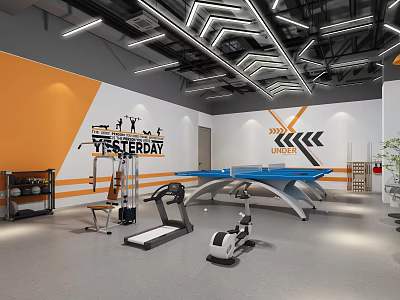Modern Fitness Gym With Orange White Walls YESTERDAY UNLEASH Murals Treadmill Exercise Bike Ping Pong Table 3d model