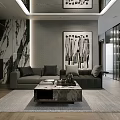 Modern Open Concept Living Dining Room With Wooden Walls Marble Coffee Table Black Sofa and Large Painting