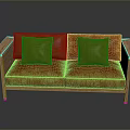 Modern Red Leather Sofa With Wooden Armrests And Decorative Pillows