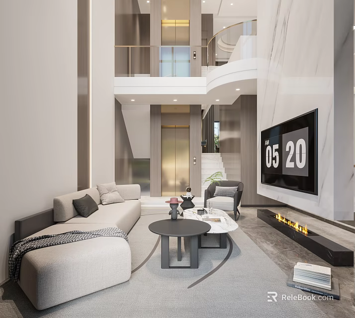 Modern Duplex Living Room With Sofas Fireplace And TV Wall 3d model 