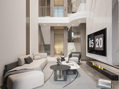 Modern Duplex Living Room With Sofas Fireplace And TV Wall 3d model