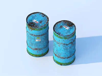 Two Blue Rustic Barrels With Green Stripes For Daily Household Supplies 3d model
