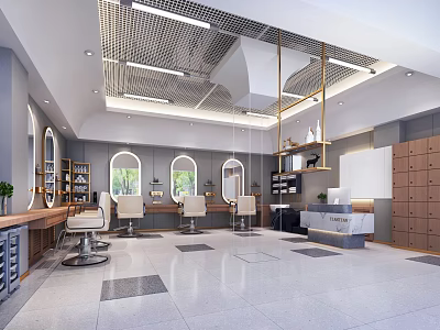 Modern Beauty and Hair Salon Interior With Salon Chairs Mirrors Lockers and Reception Desk 3d model