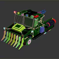 Green Utility Vehicle With Front Spikes Multiple Roof Lights And Side Chains