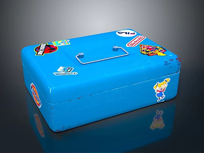 Blue Storage Box With Metal Handle And Colorful Cartoon Character Stickers 3d model