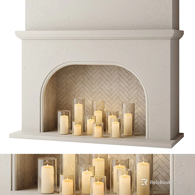 White Stone Fireplace With Herringbone Pattern Interior And Lit Candles 3d model 