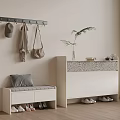 Modern Entryway Shoe Cabinet With Cushioned Bench Wall Coat Rack Hats Bags And Potted Plant