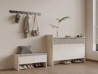 Modern Entryway Shoe Cabinet With Cushioned Bench Wall Coat Rack Hats Bags And Potted Plant 3d model