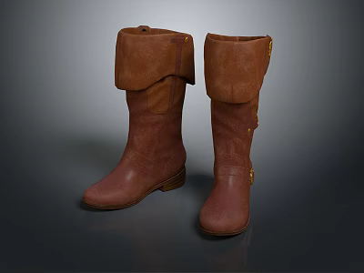 Stylish Brown Leather Knee High Boots With Fold Over Cuff And Decorative Buckles 3d model