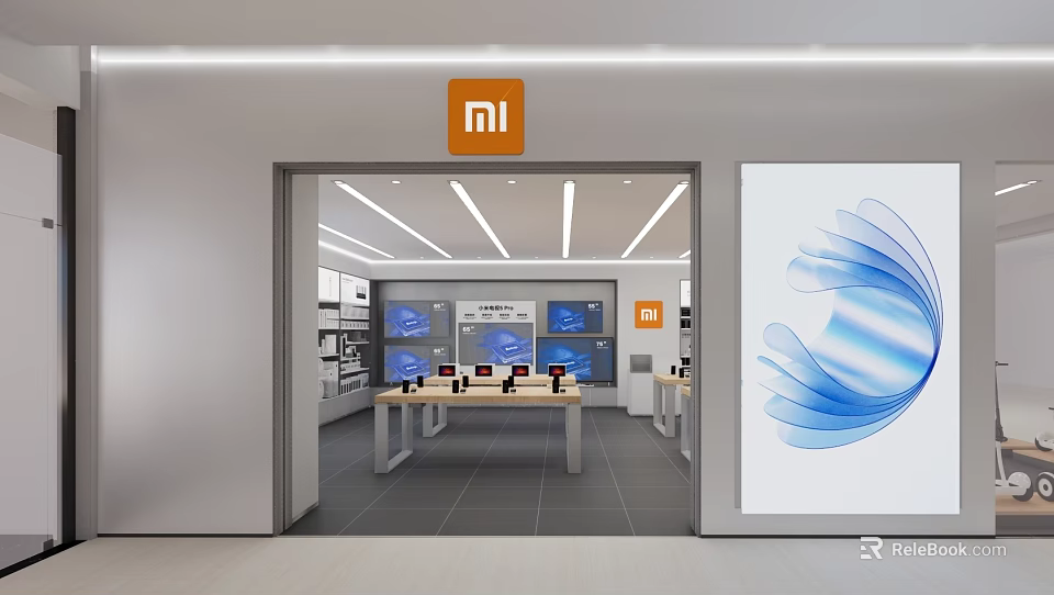 MI Mall Retail Store With Electronics Display Digital Screens And Showcase Tables 3d model 