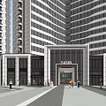 Modern Urban High Rise Buildings With Glass Facade And City Street View