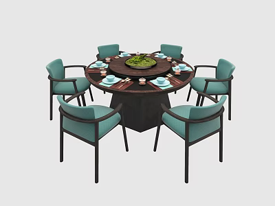 Modern Round Dining Table Set With Light Blue Chairs And Green Centerpiece 3d model