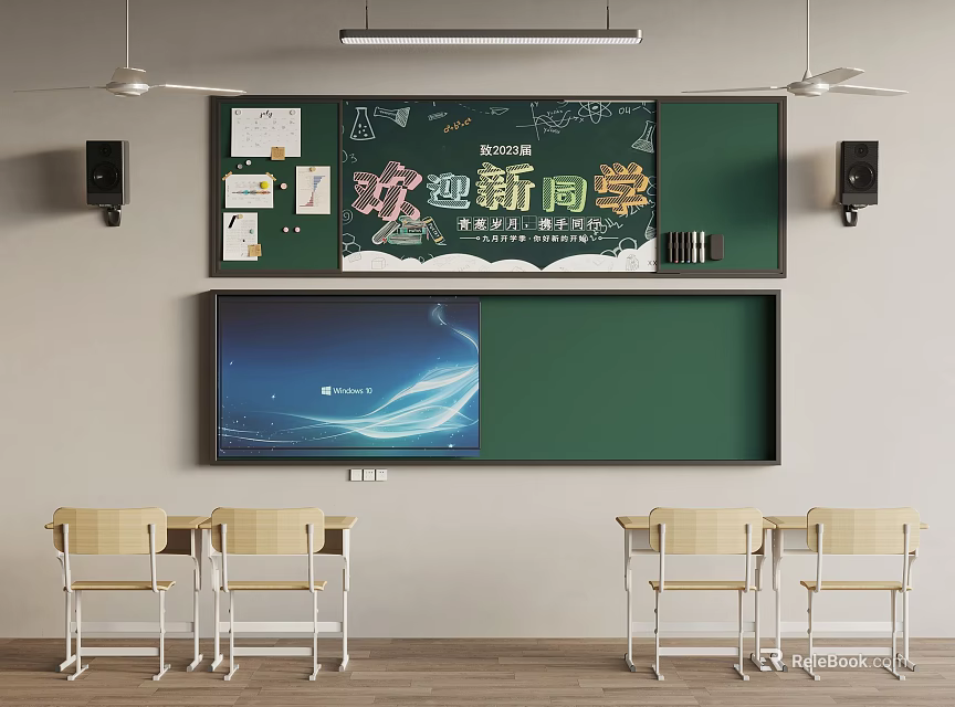 Classroom Interior With Green Blackboard Welcome New Students Sign Multimedia Screen And Wooden Desks Chairs 3d model 