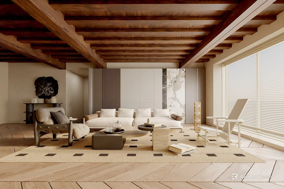 Cozy Living Room Interior With Wooden Ceiling Beams White Sofa Wooden Flooring And Area Rug 3d model 