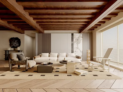 Cozy Living Room Interior With Wooden Ceiling Beams White Sofa Wooden Flooring And Area Rug 3d model
