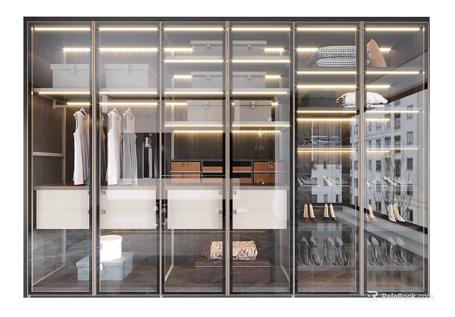 Modern Glass Doors Wardrobe Interior Design With LED Lighting Storage Drawers And Hanging Space 3d model 
