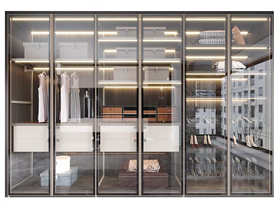 Modern Glass Doors Wardrobe Interior Design With LED Lighting Storage Drawers And Hanging Space 3d model