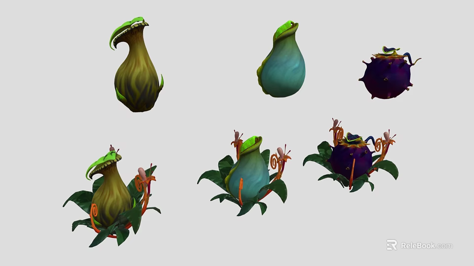 Various Types Of Colorful Fantasy Cartoon Plants With Unique Shapes Leaves And Tentacles 3d model 