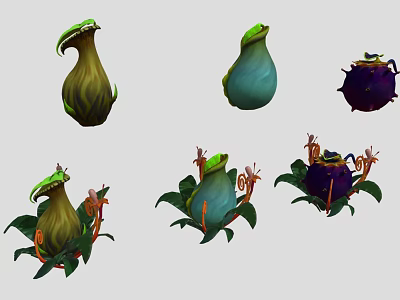 Various Types Of Colorful Fantasy Cartoon Plants With Unique Shapes Leaves And Tentacles 3d model