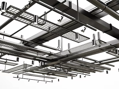 Industrial Ceiling Mounted Metal Pipes With Support Brackets And Grid Structure 3d model