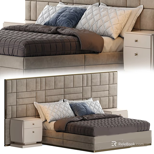 Modern Double Bed With Paneled Headboard Brown Bedspread Patterned Pillows And White Nightstands 3d model