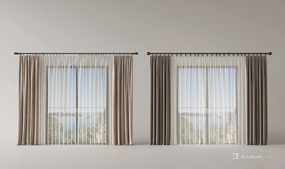 Modern Double Layer Curtains With Sheer And Solid Panels For Window Decor 3d model 