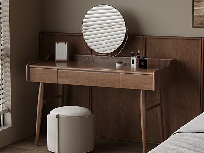 Modern Dressing Table With Round Mirror Wooden Countertop White Stool And Wall Panel 3d model